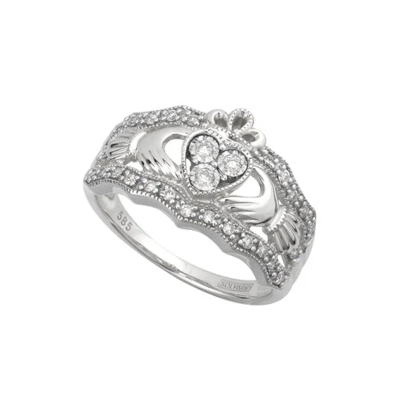 14K White Gold Irish Diamond Claddagh Ring
