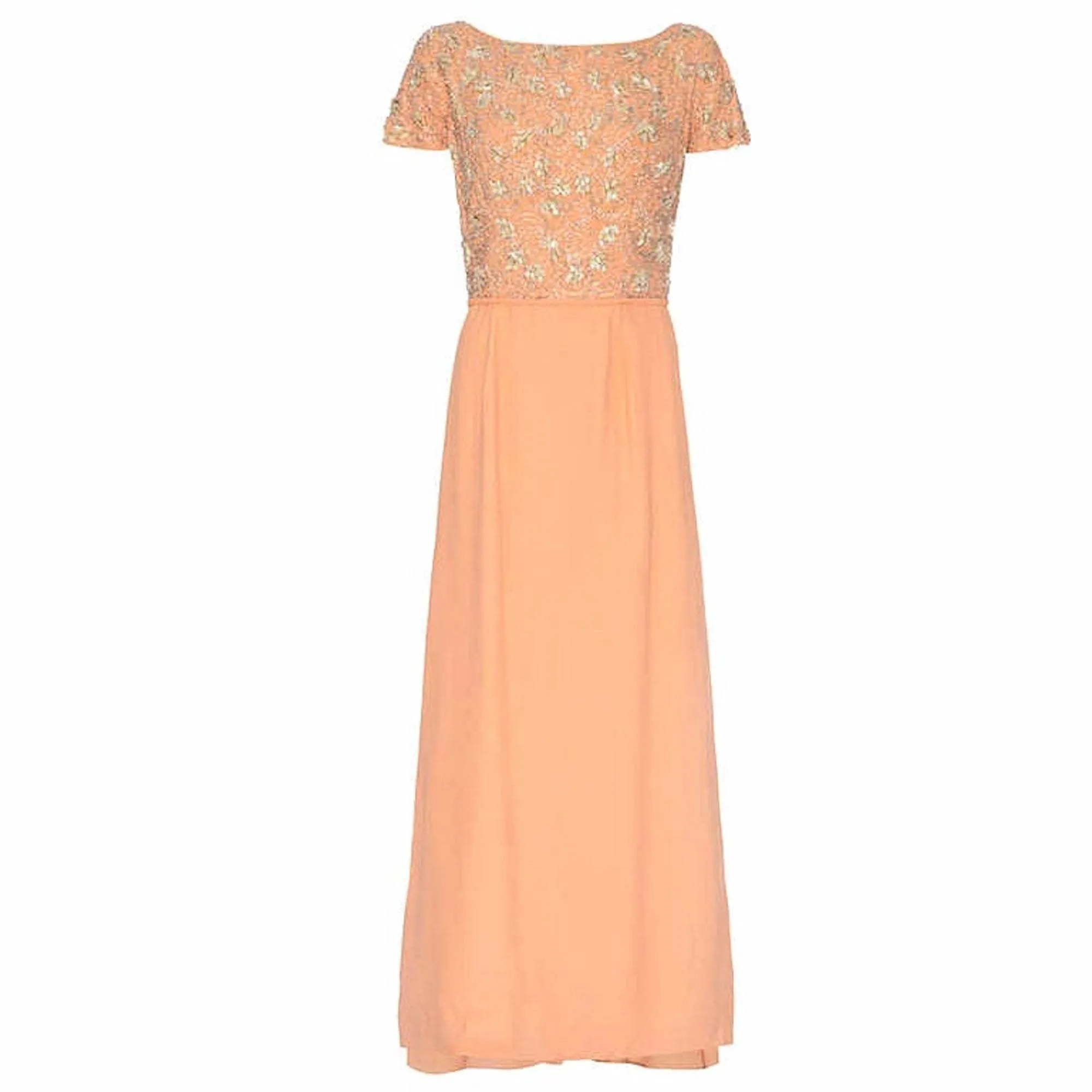 1960’s Peach Crepe Full Length Couture Dress with Beaded Bodice