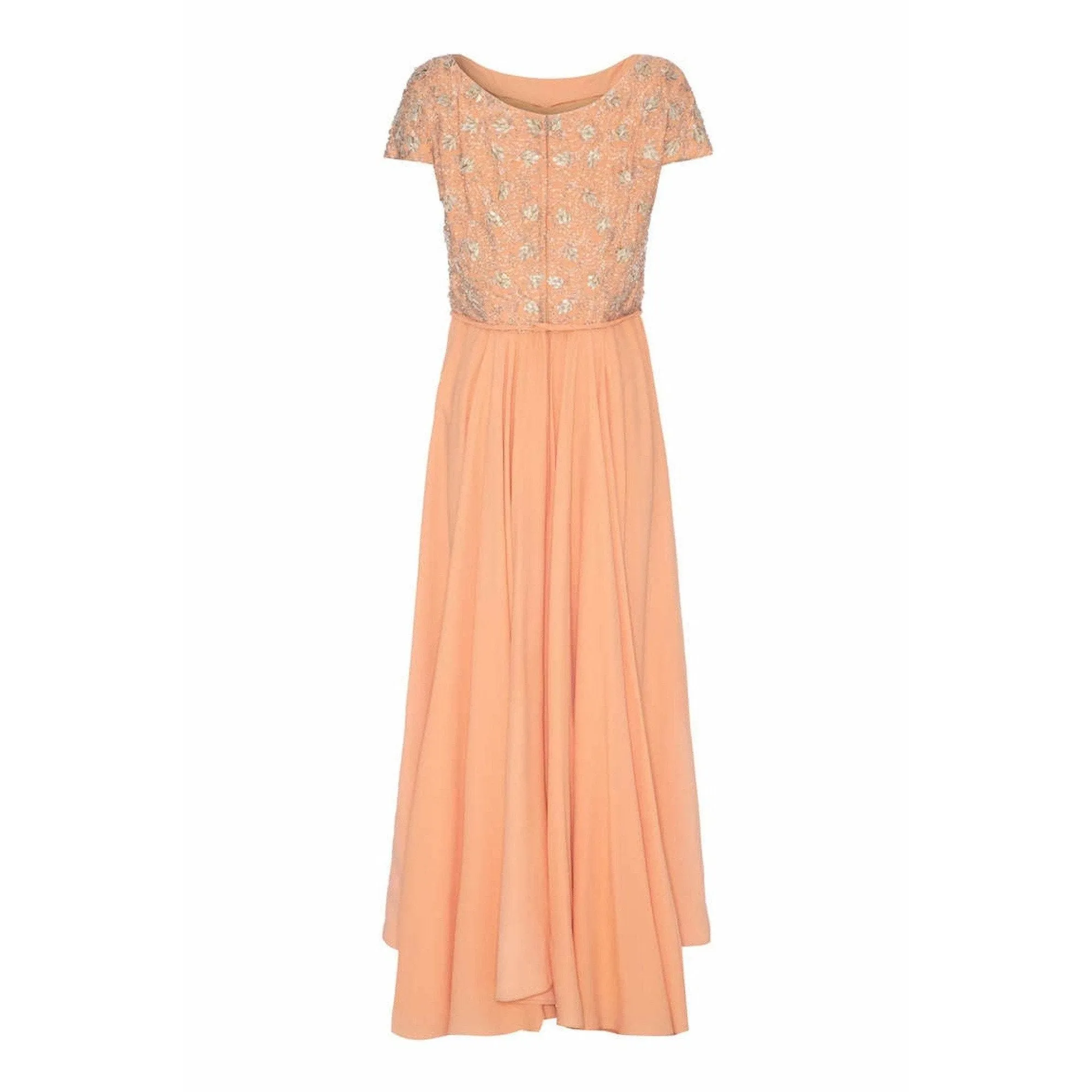 1960’s Peach Crepe Full Length Couture Dress with Beaded Bodice