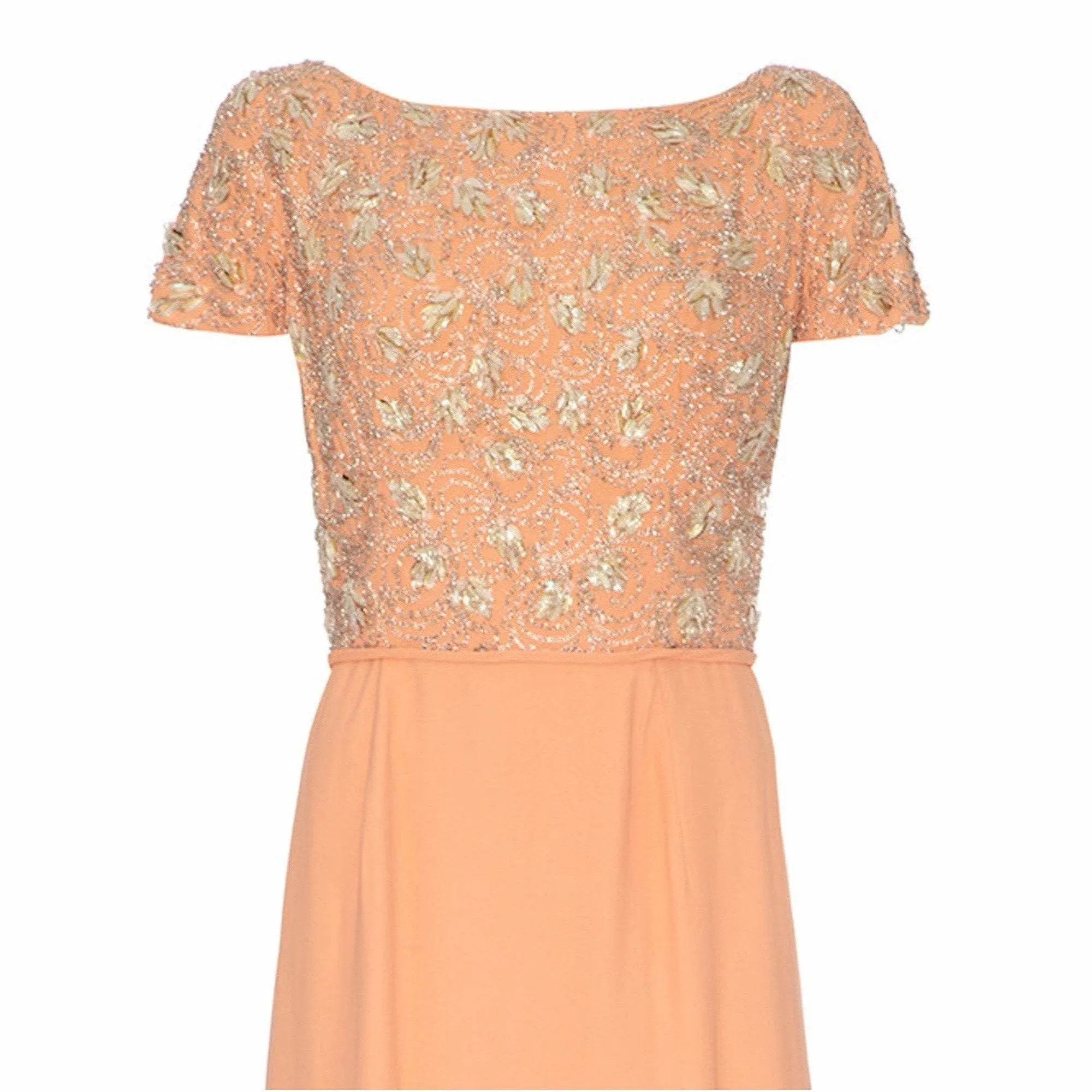 1960’s Peach Crepe Full Length Couture Dress with Beaded Bodice