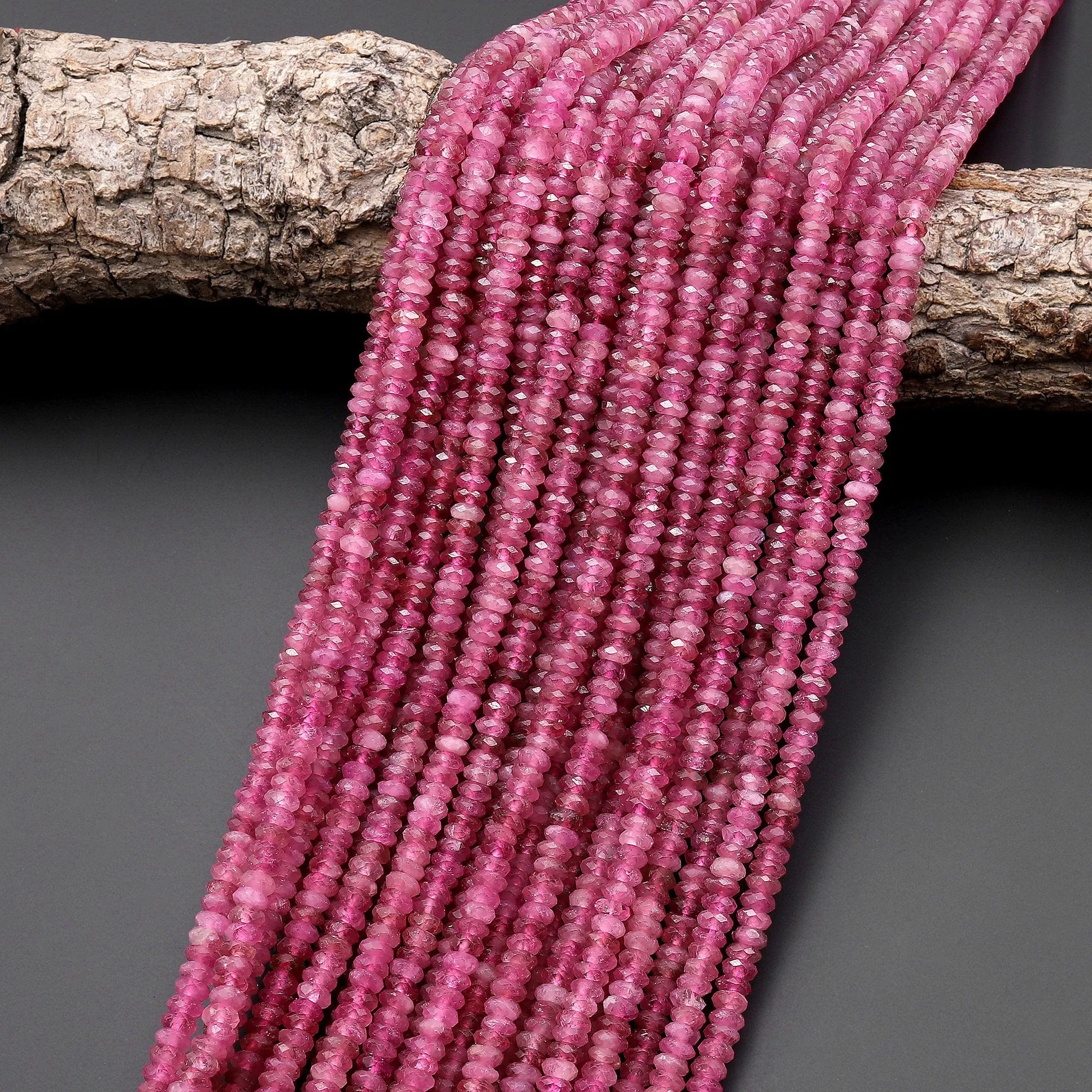 AAA Faceted Natural Pink Tourmaline Thin Rondelle 4mm Beads Diamond Cut Gemstone 15.5" Strand