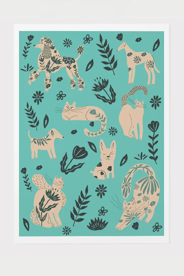 Abstract Floral Pets Giclée Art Print Poster (Turquoise)