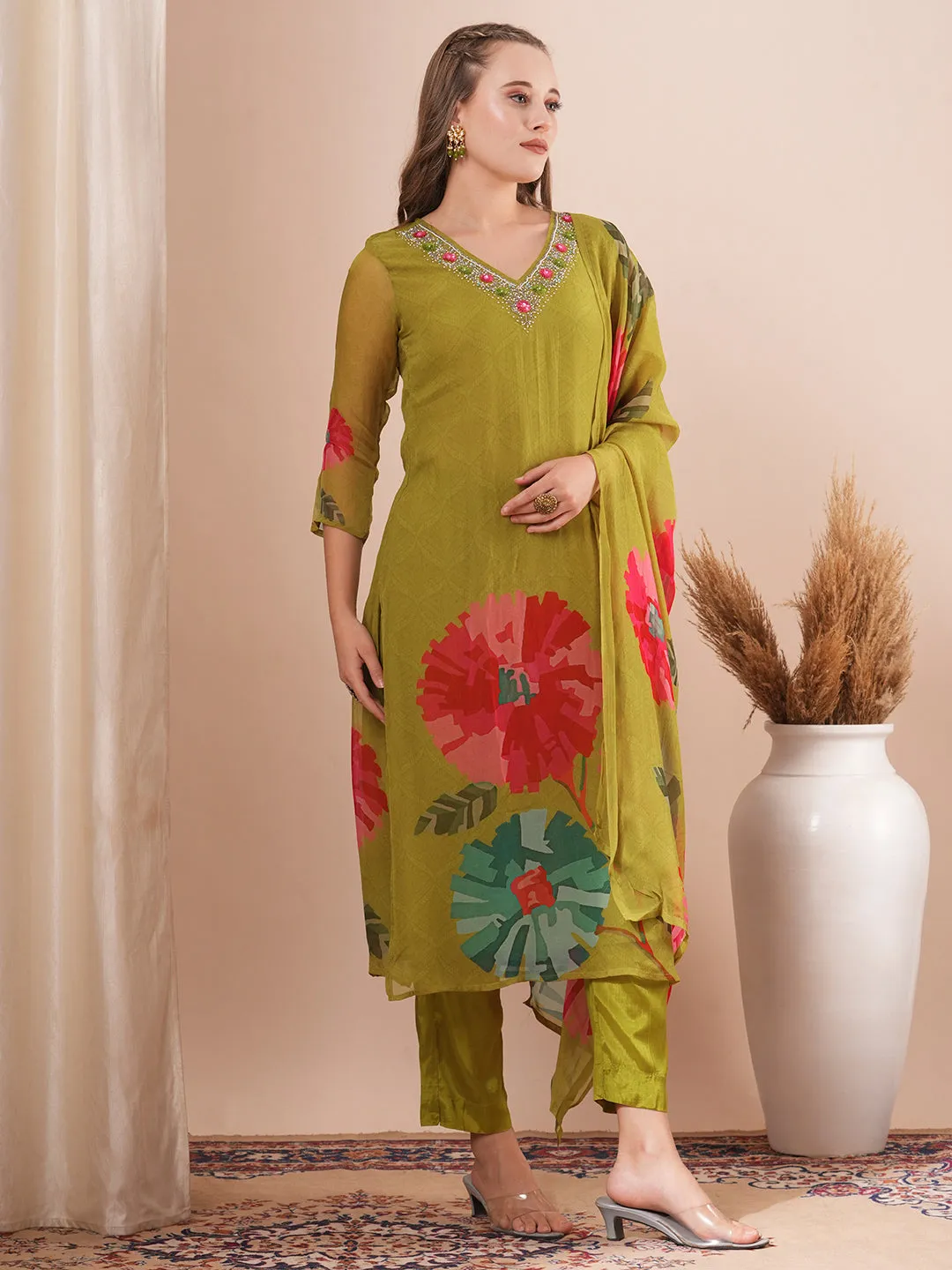 Abstract Floral Printed & Hand Embroidered Straight Fit Kurta with Pant and Dupatta - Green