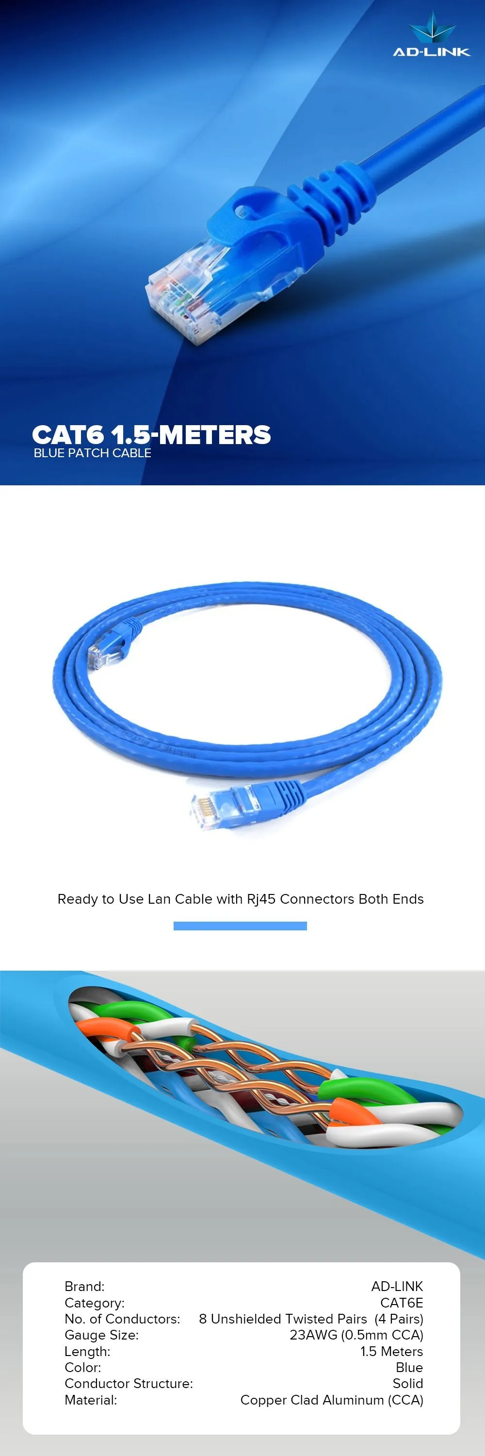 Ad-Link 10-Meters,1.5-Meters, 3-Meters and 5-Meters Cat6 Patch C
