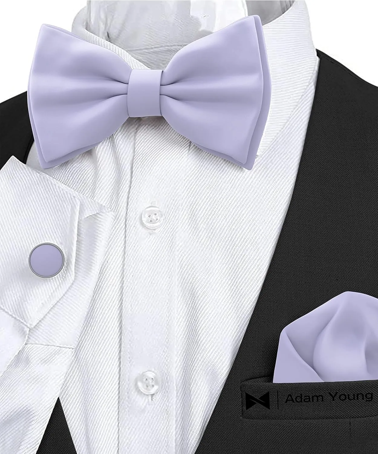 Adam Young Men's Bow Ties with Handkerchief & Cufflinks Pre-Tied Style Formal Satin Classic Bowtie for Tuxedo Faux Silk