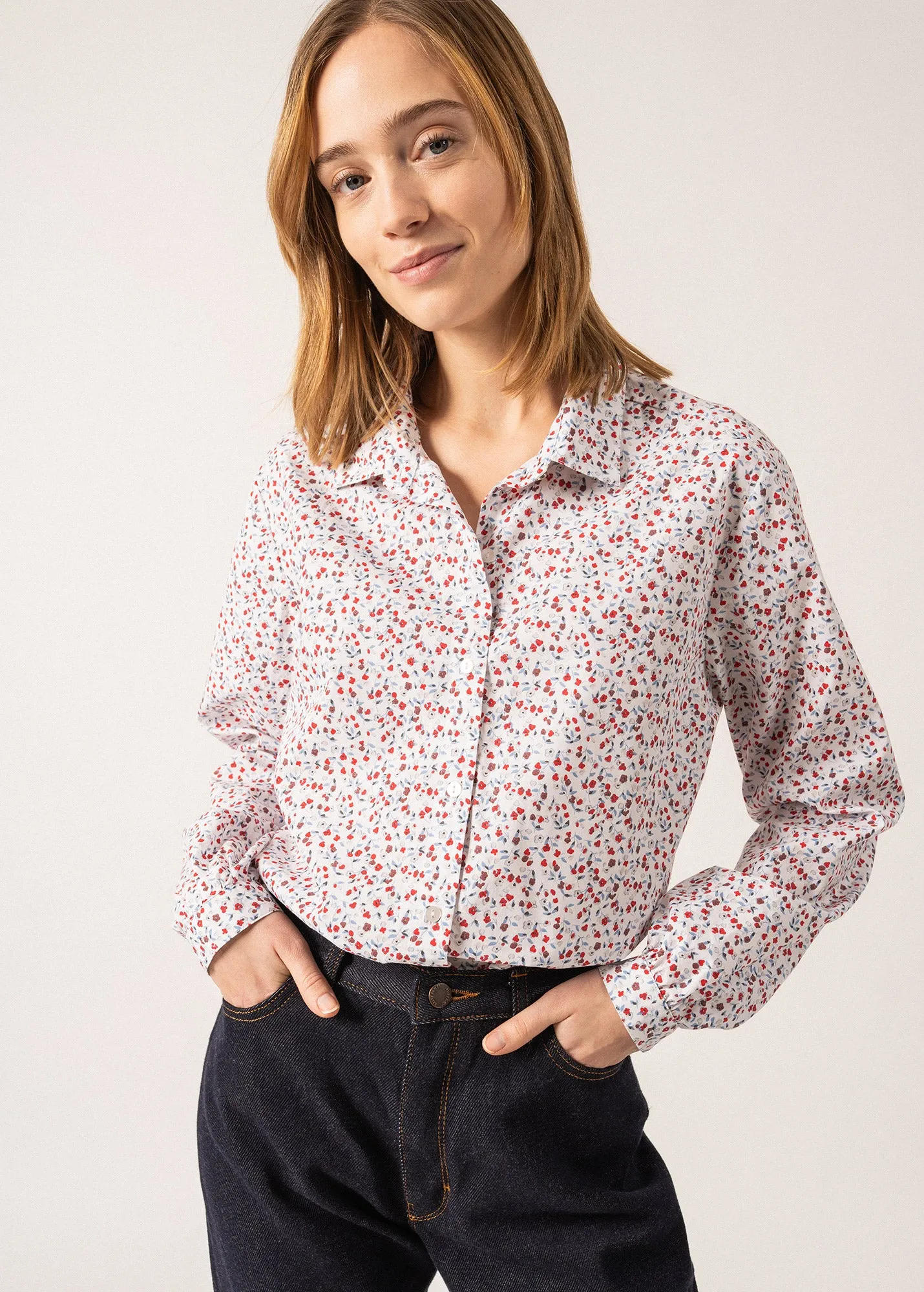 Alicia Printed Cotton Blouse - with floral motifs (BLANC D'HIVER/OXYGENE/TULIPE)