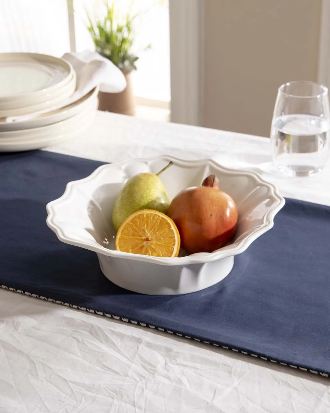 All White Embossed Serving Footed Bowl