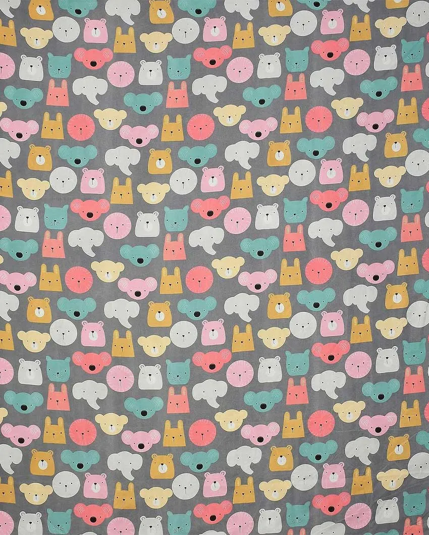 Animal Faces Printed Grey Glace Cotton Elastic Fitted Single Bedsheet with One Pillow Cover | 72 x 36 x 8 inches