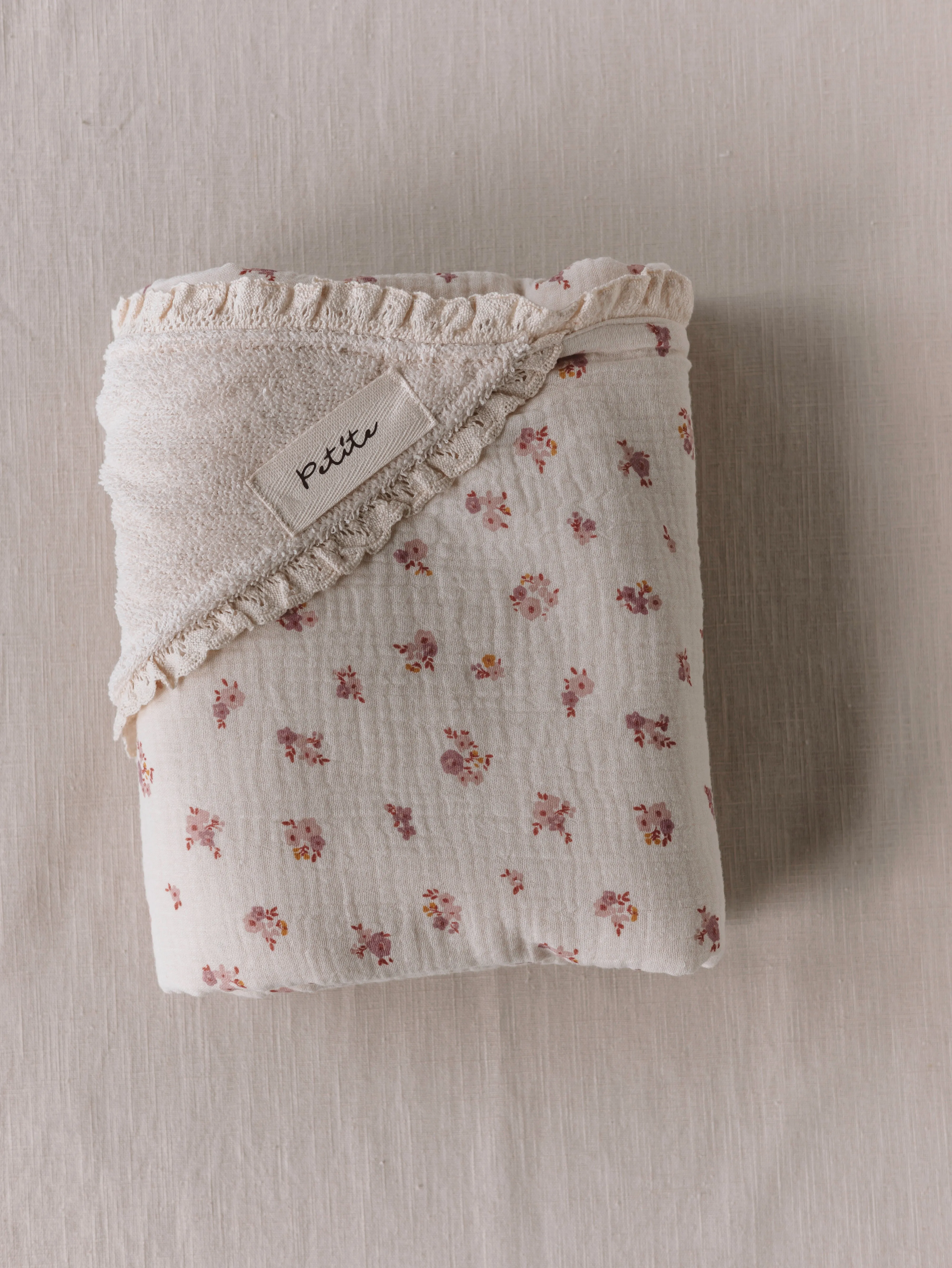 Baby Hooded towel  /  ecru floral   lace