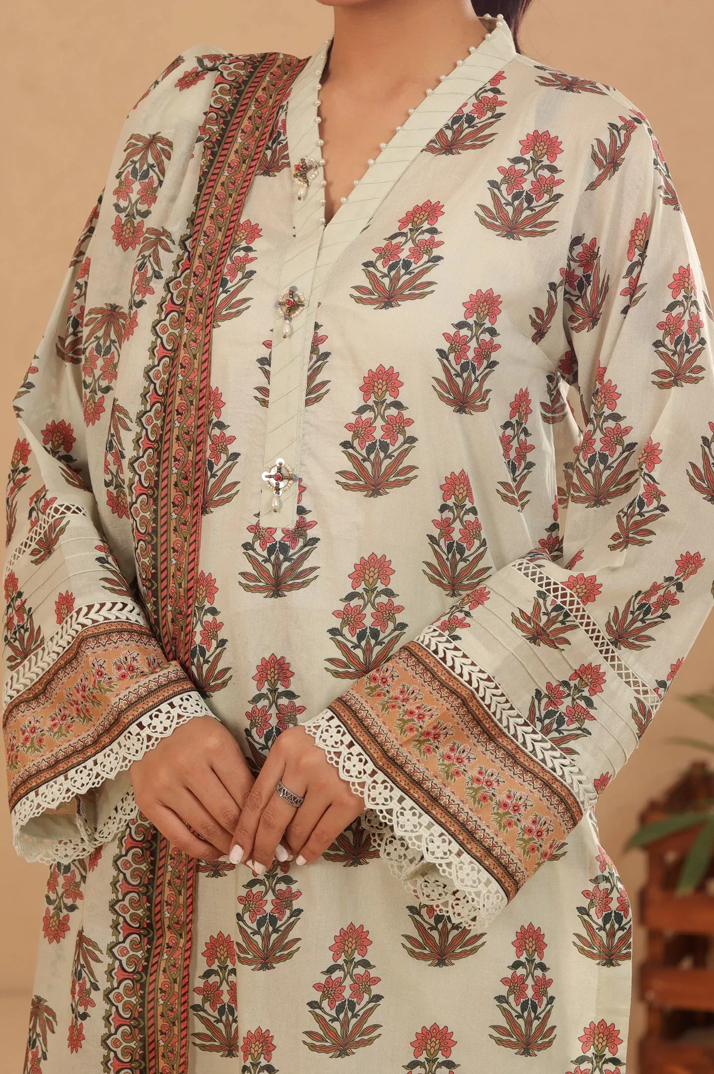 Beige Printed 3PC Unstitched