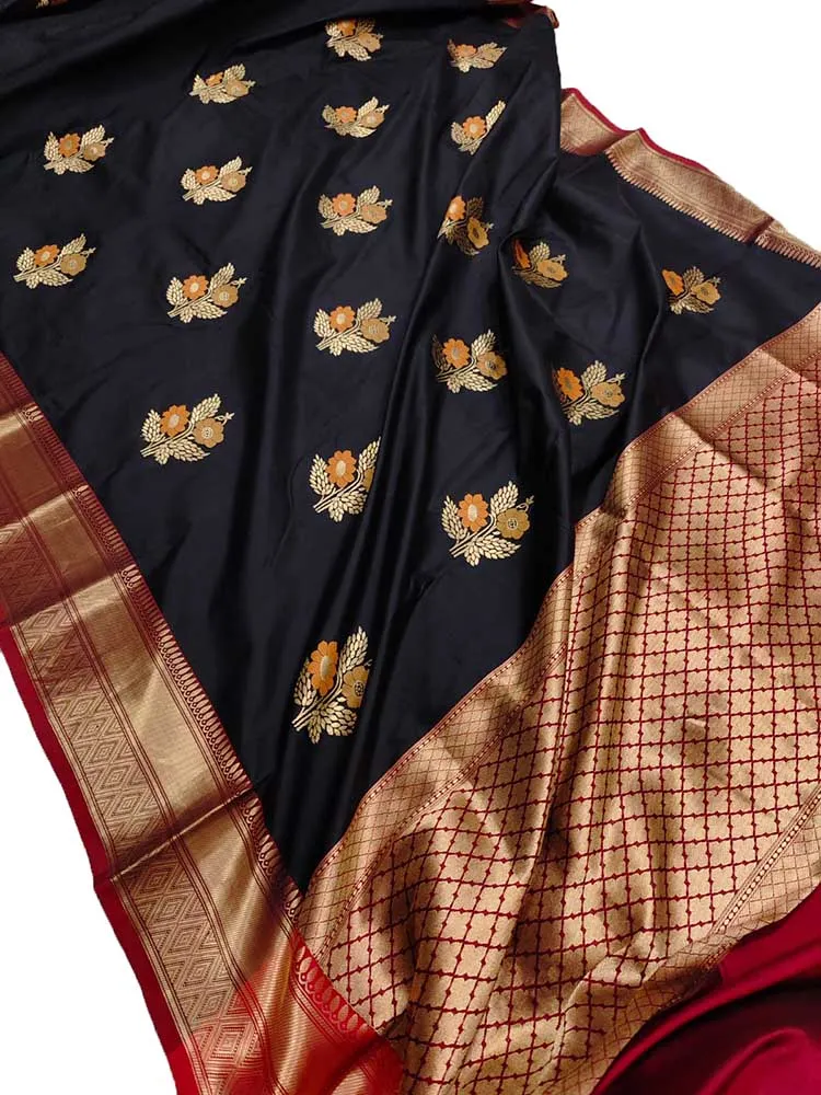 Black Handloom Banarasi Pure Katan Silk Saree