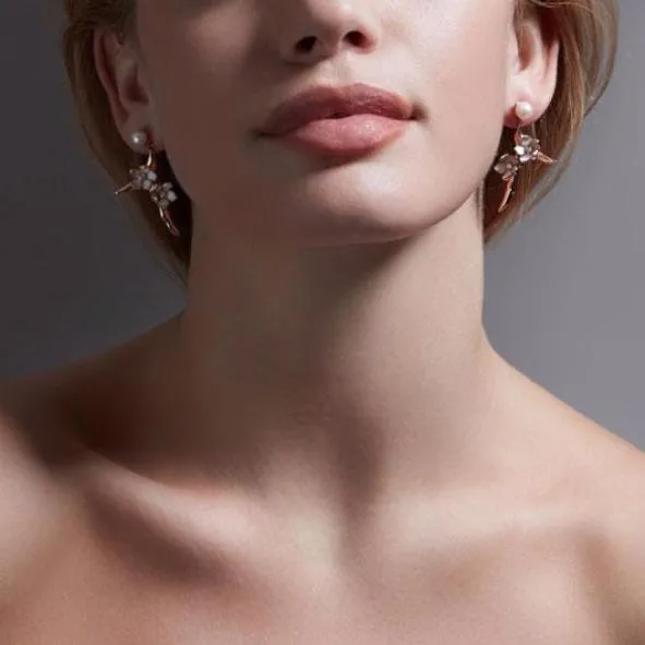 Cherry Blossom Branch Drop Earrings - Silver, Diamond & Pearl