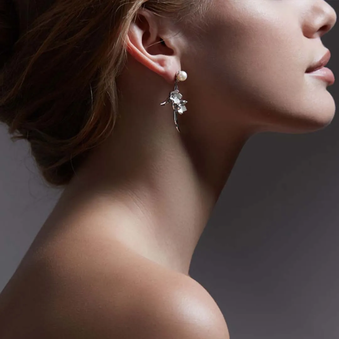 Cherry Blossom Branch Drop Earrings - Silver, Diamond & Pearl