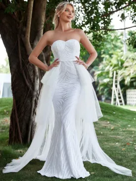 Contrast Mesh Mermaid Hem Sequin Tube Wedding Dress