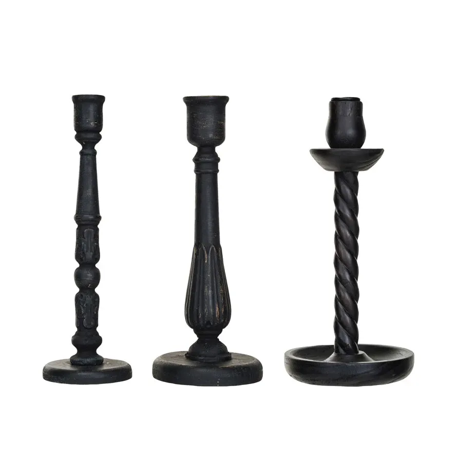 Distressed Black Carved Taper Holder, 3 styles