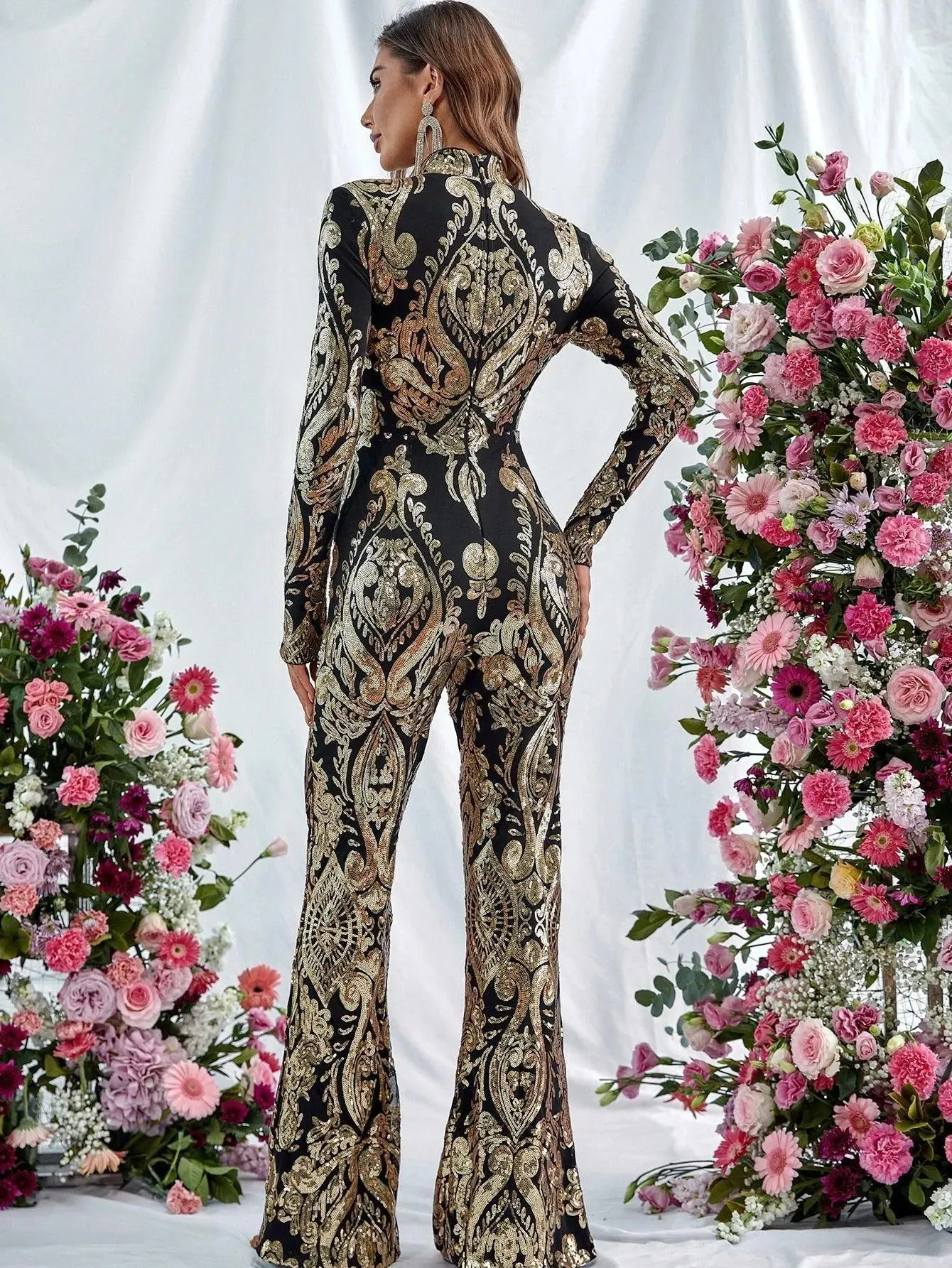 Elegant Stand Neck Long Sleeve Sequins Jumpsuit