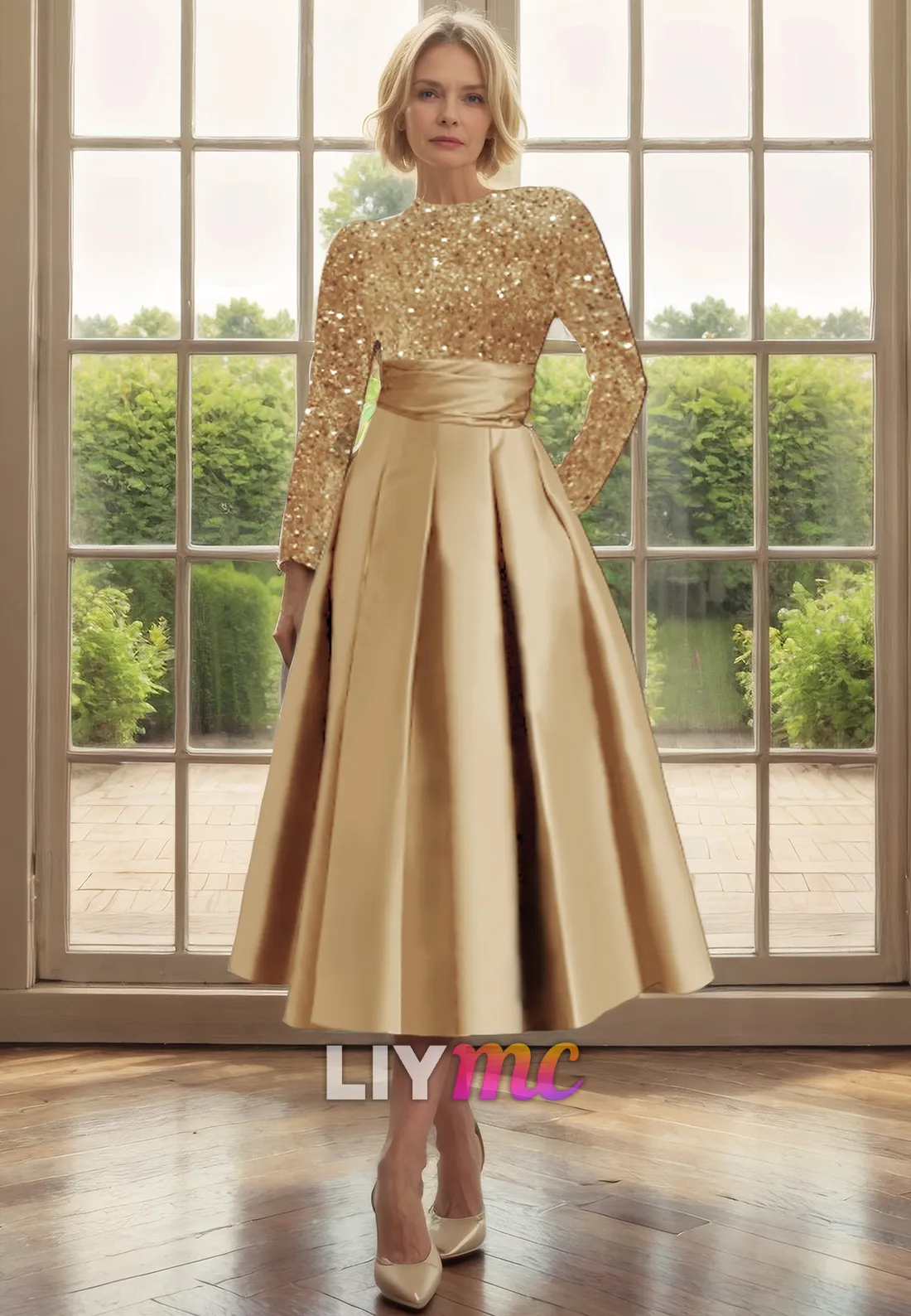 High Neck Long Sleeves Sequins Pleated A-Line Mother of Bride Dress Cocktail Dress