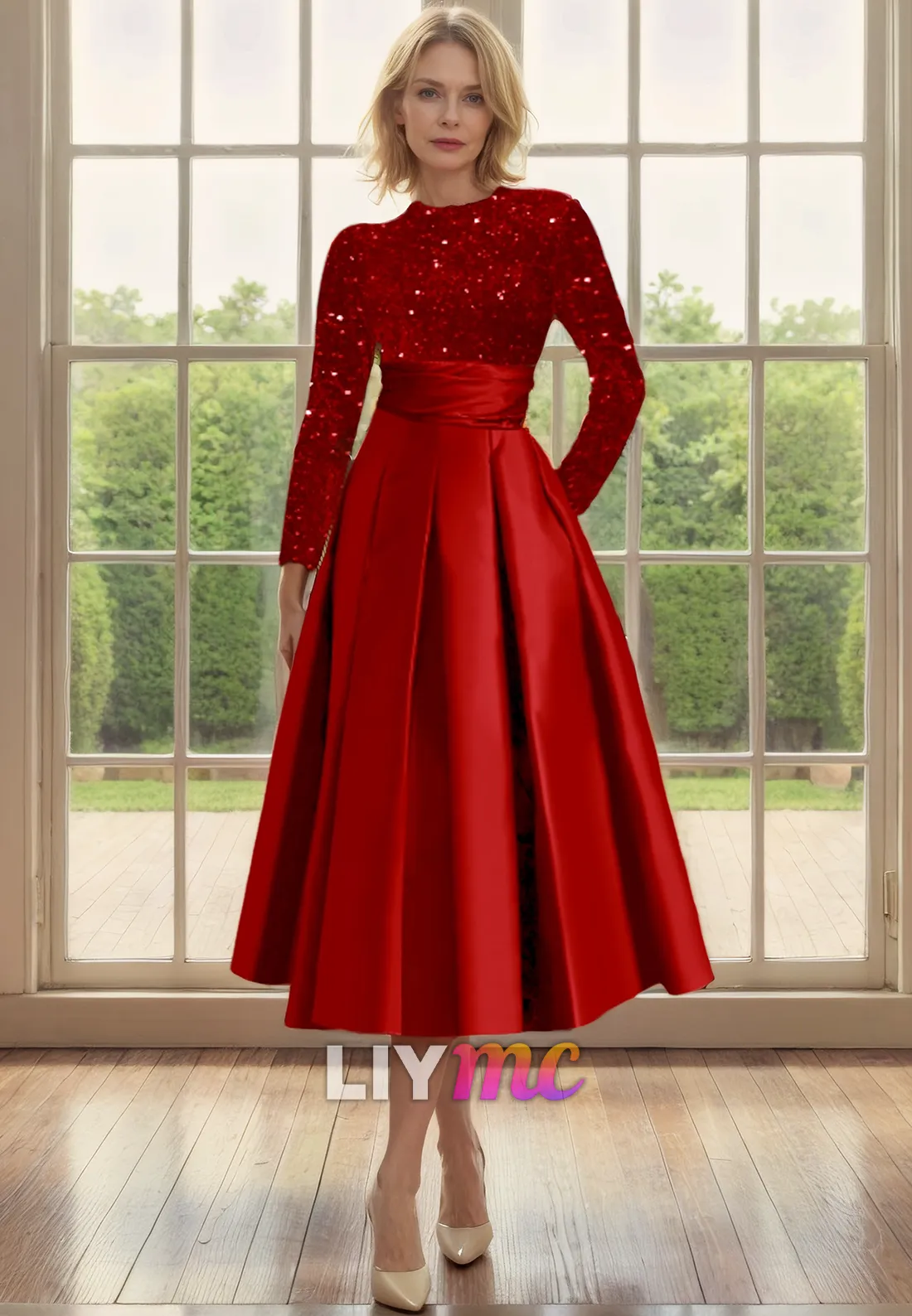 High Neck Long Sleeves Sequins Pleated A-Line Mother of Bride Dress Cocktail Dress
