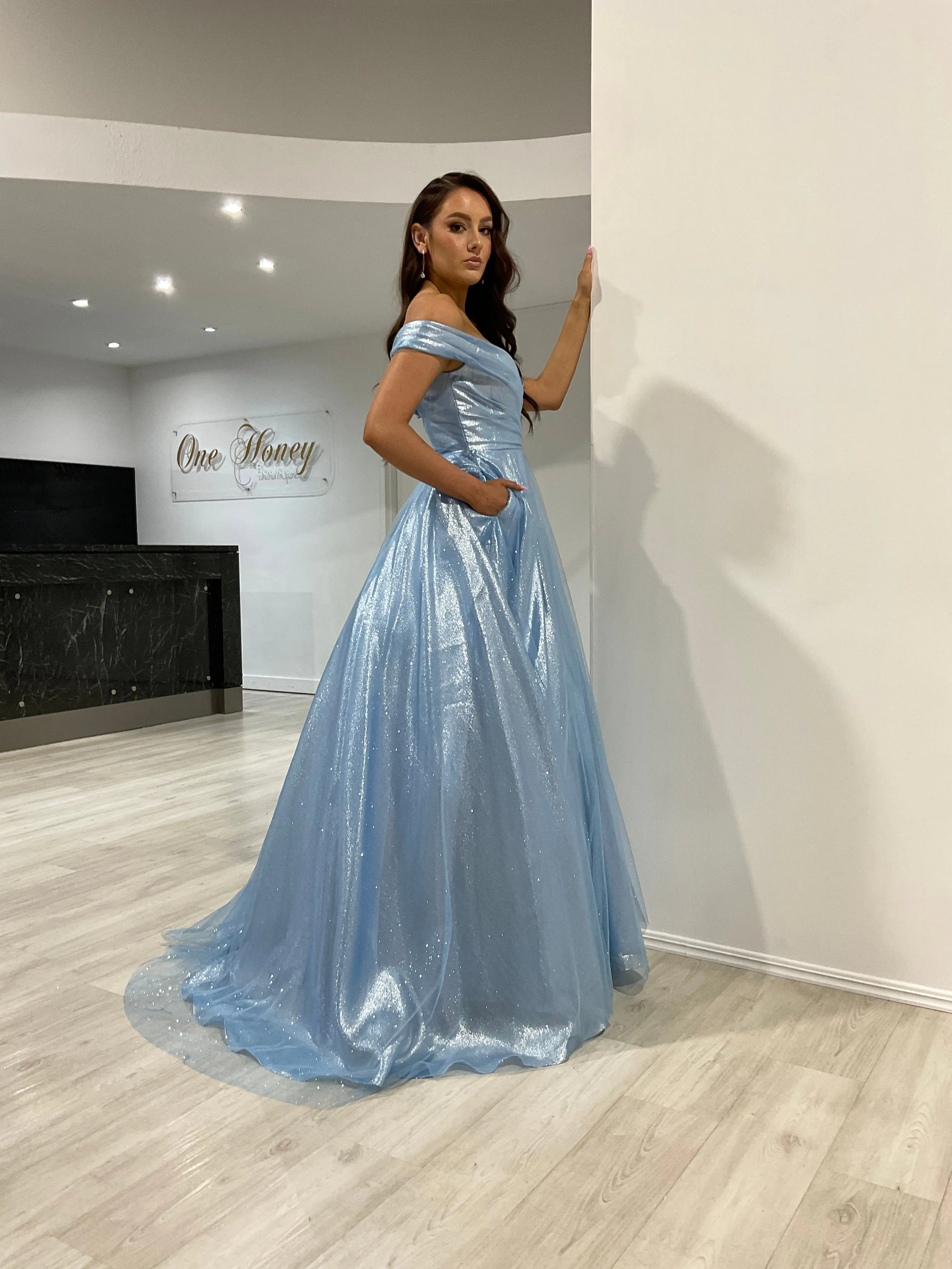 Honey Couture ARIANA Baby Blue Shimmer Ballgown Formal Dress