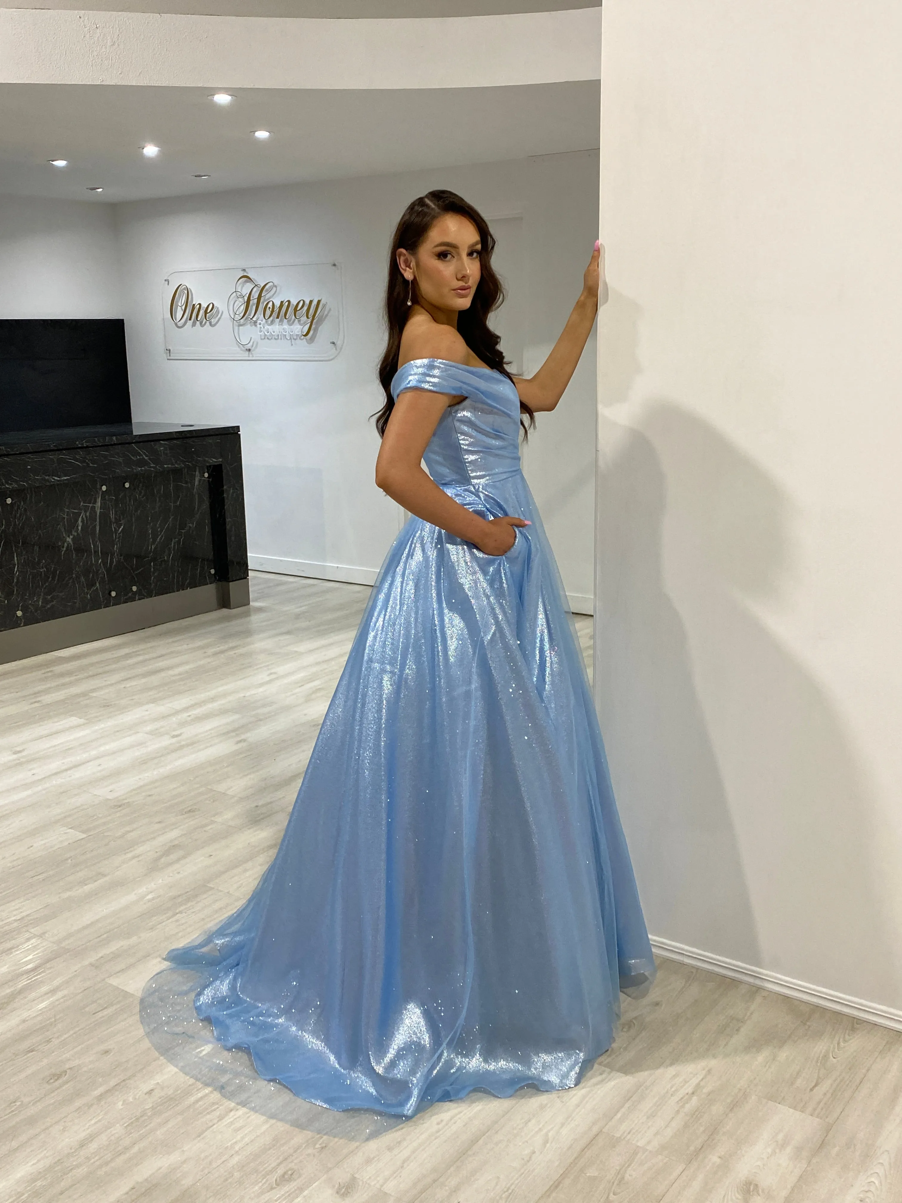 Honey Couture ARIANA Baby Blue Shimmer Ballgown Formal Dress