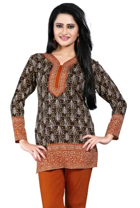 Indian Long Kurti Top Tunic Printed Womens India Clothes (Coffee)