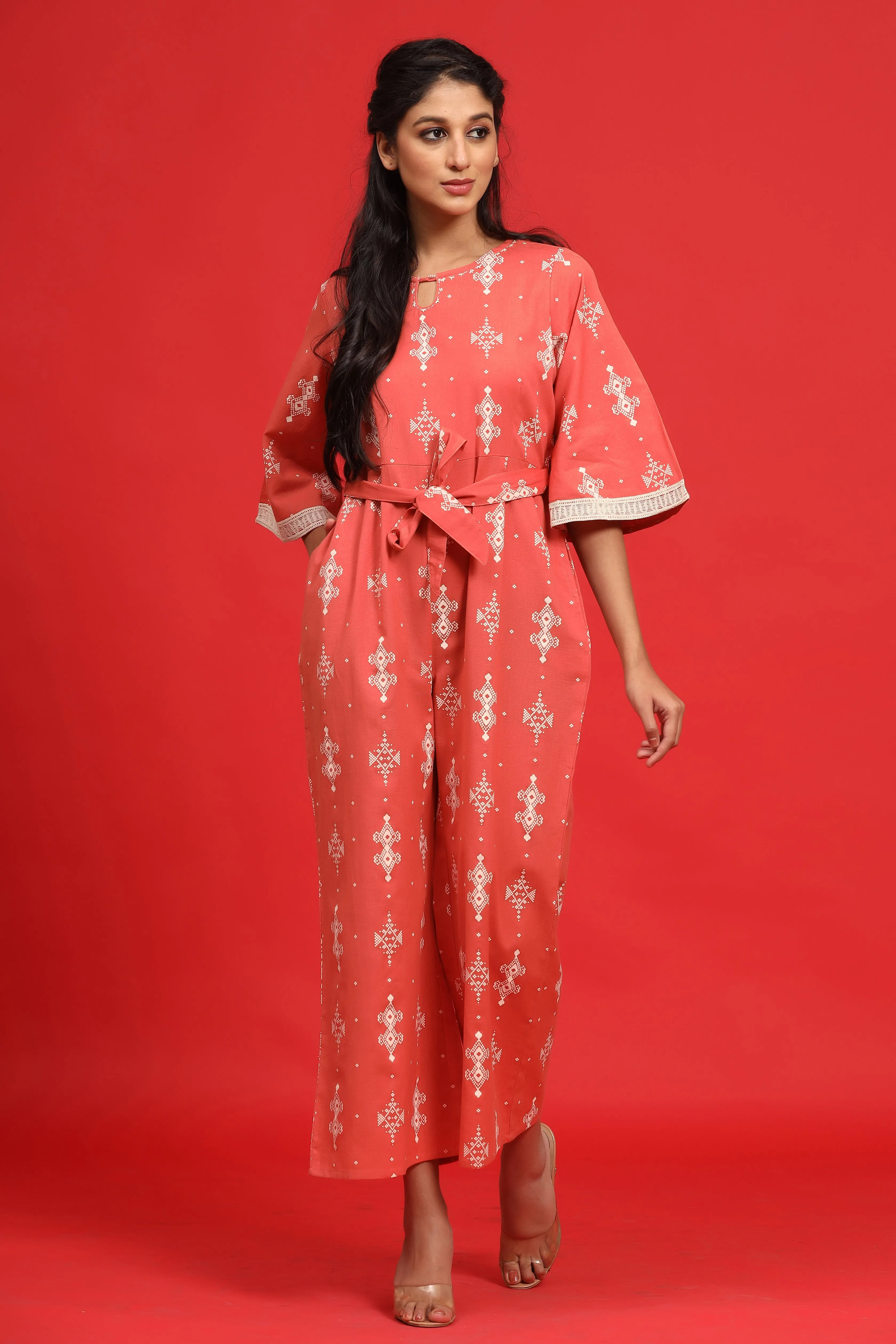 Juniper Peach Geometric Printed Cotton Flex Jumpsuit With Zip Closure