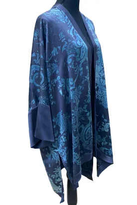 Lucianne Kimono in Silk Charmeuse w/ Wallpaper Print - Blue