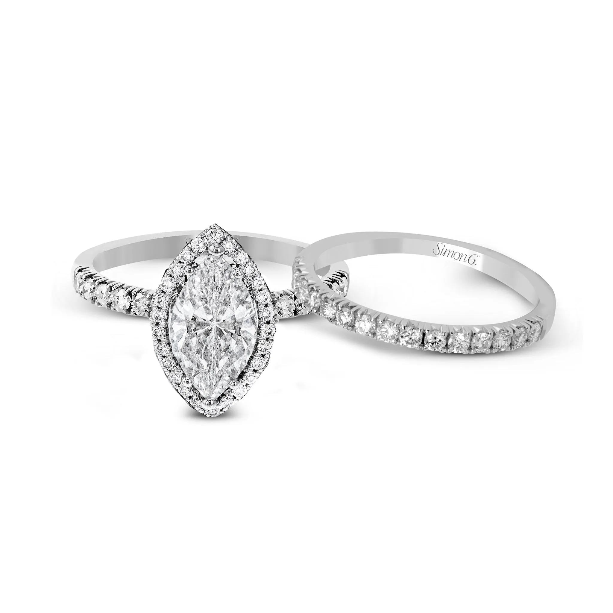 Marquise-cut Halo Engagement Ring & Matching Wedding Band in 18k Gold with Diamonds