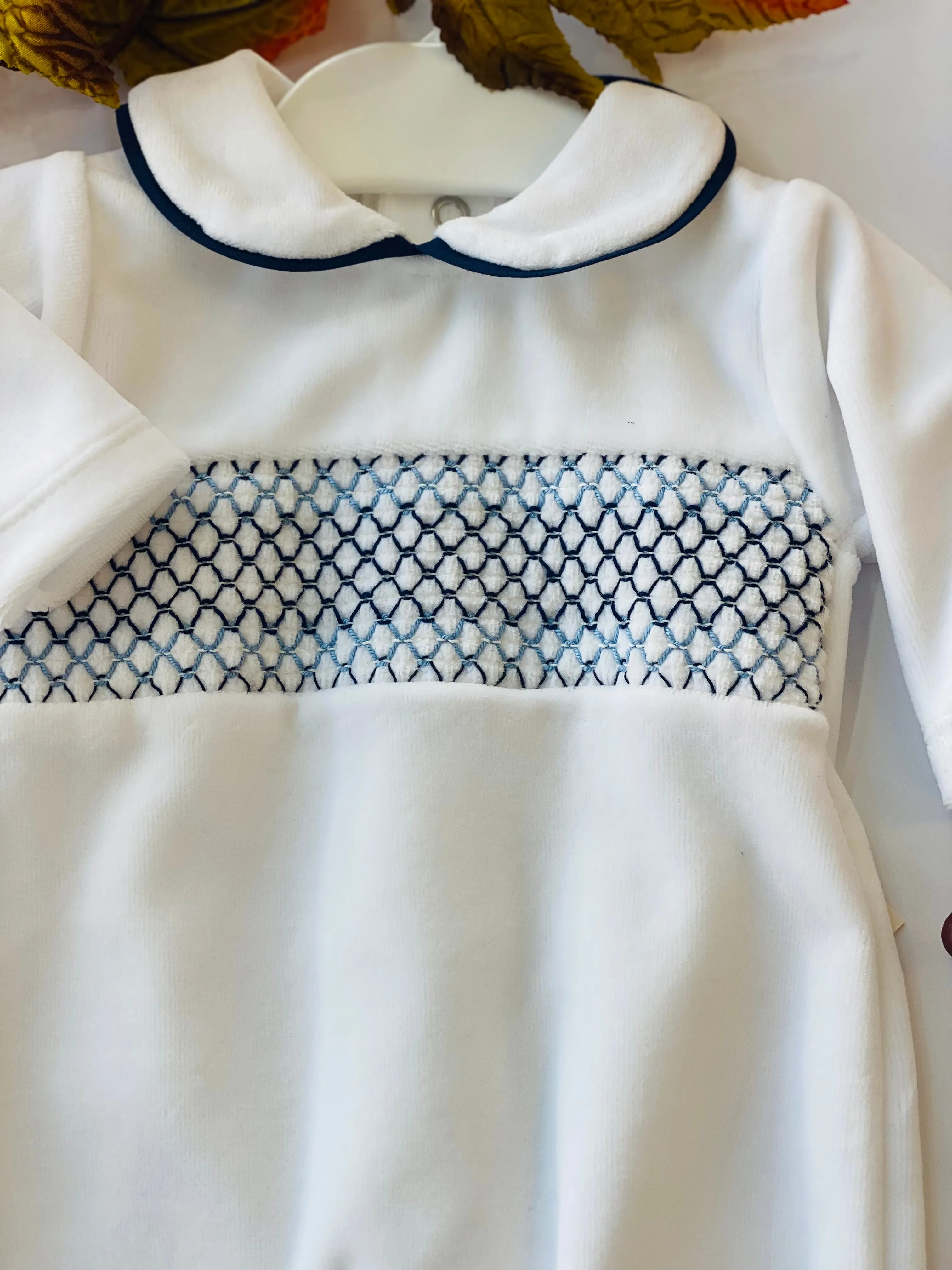 MIA BELLA Luxury Smocked Velour Baby Grow / BabyGrow / White / Navy SG68V