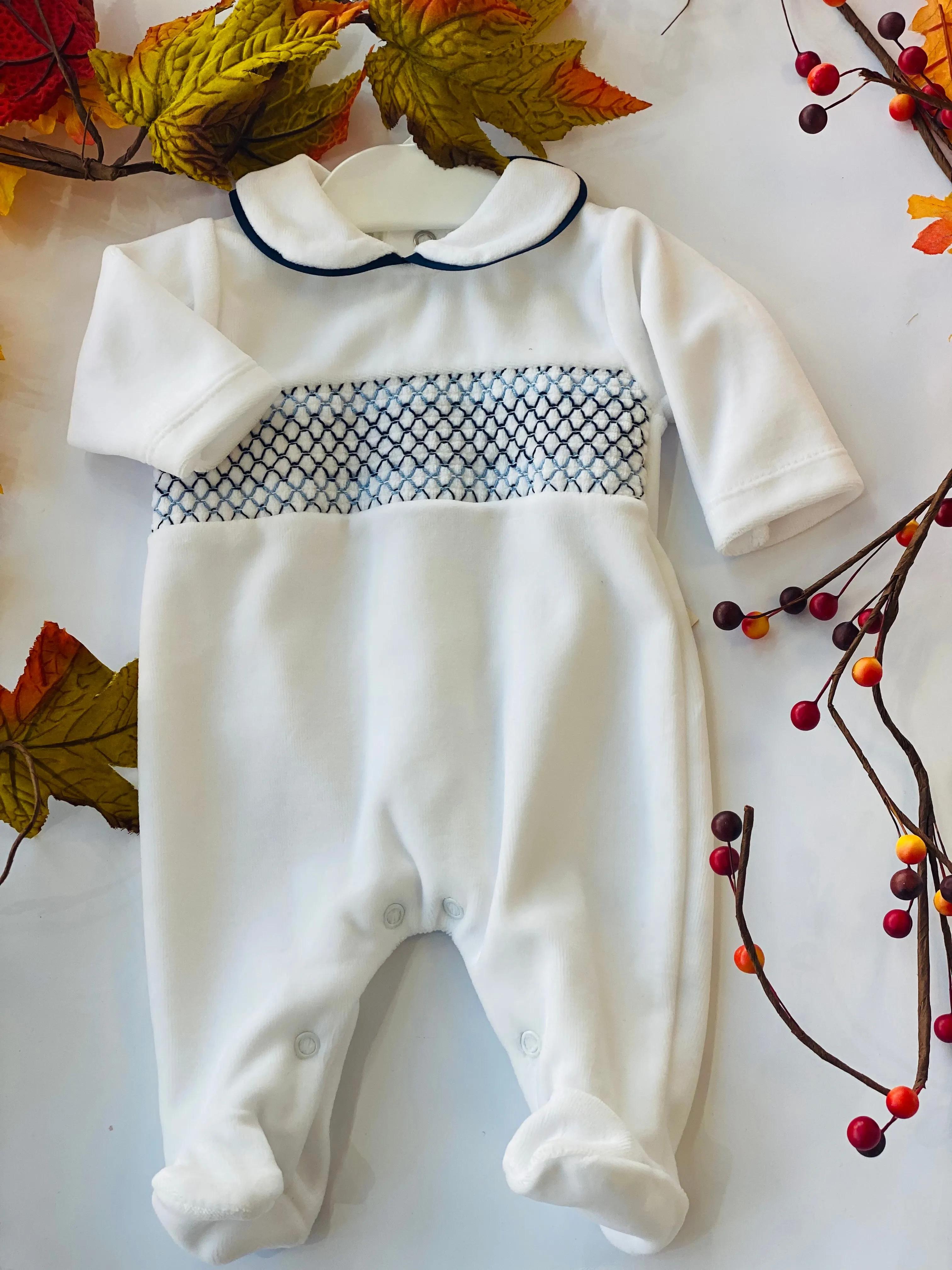 MIA BELLA Luxury Smocked Velour Baby Grow / BabyGrow / White / Navy SG68V