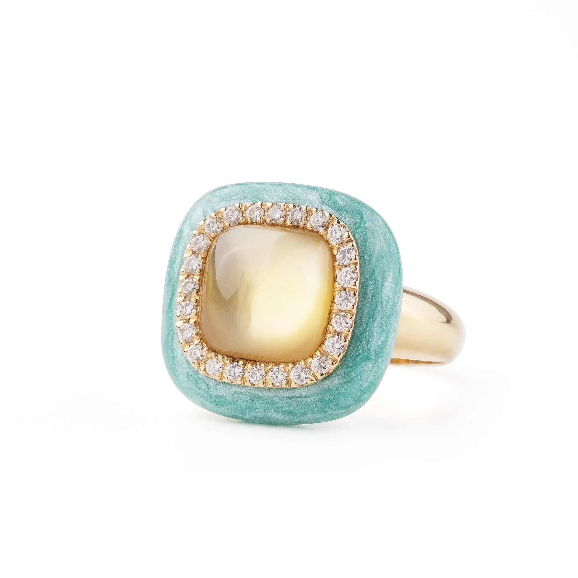 Mint green enamel and light citrin 18k yellow gold and diamond ring