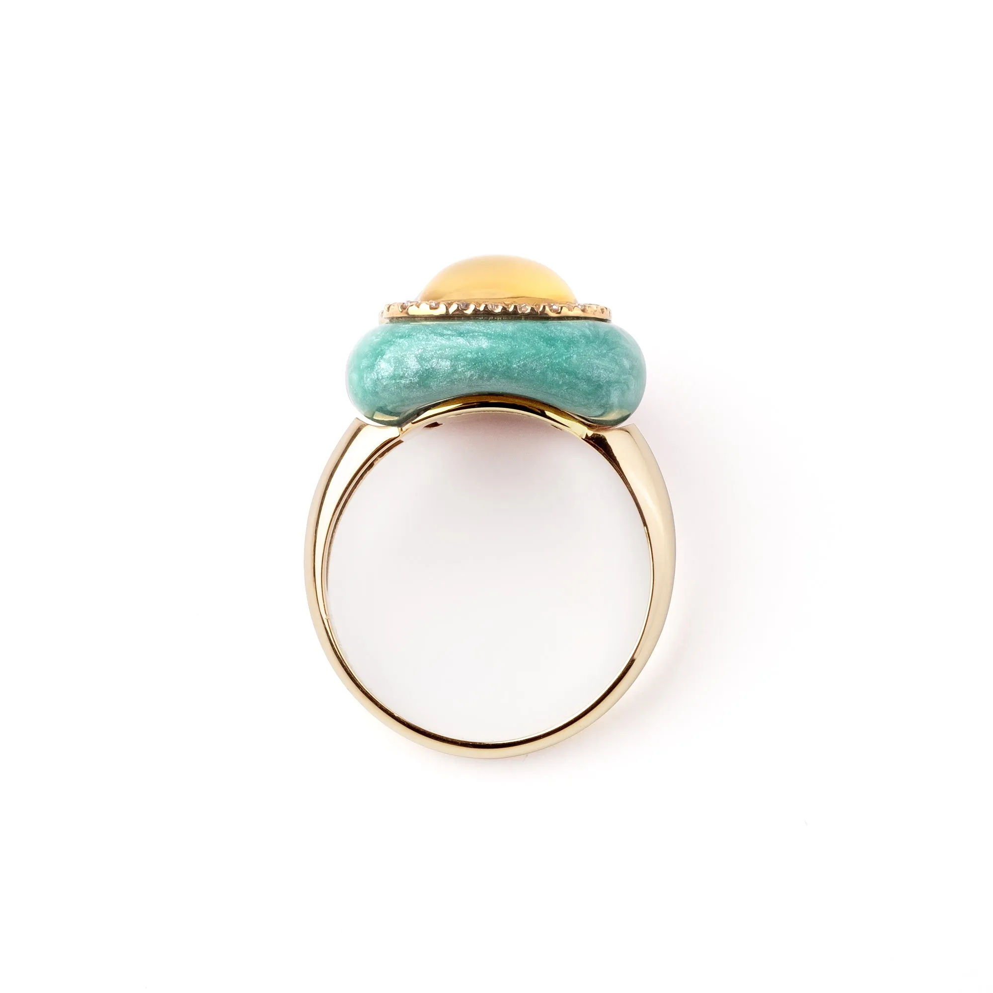 Mint green enamel and light citrin 18k yellow gold and diamond ring
