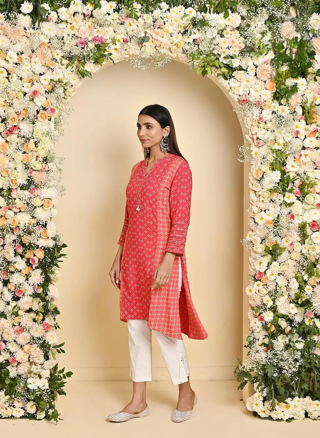 Orange Printed Kurta with Threadwork and 3/4th Sleeves