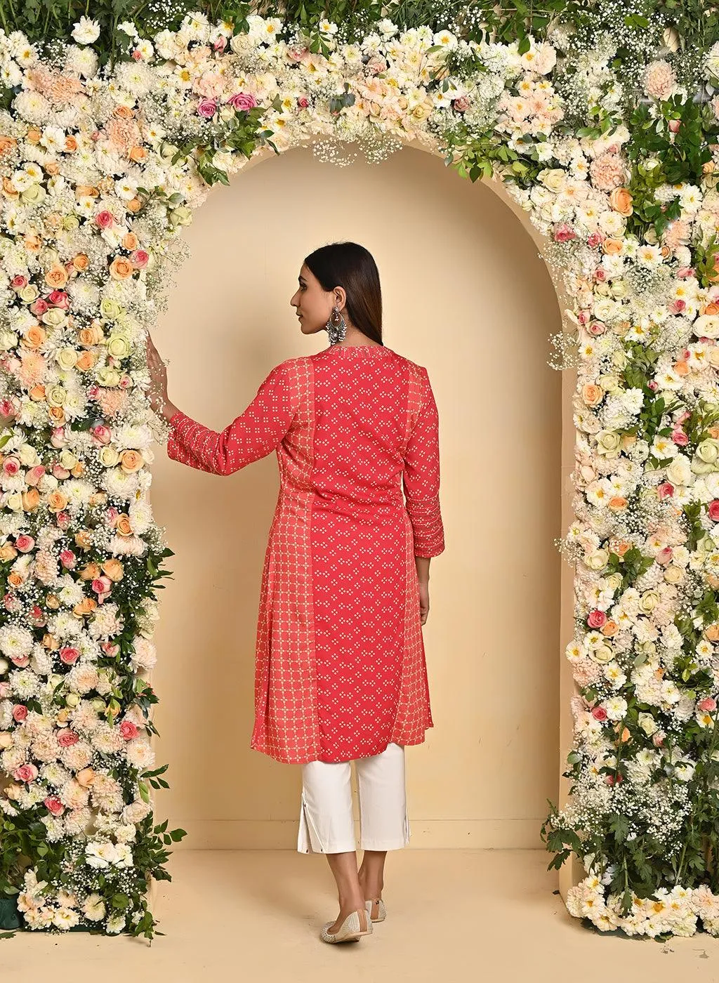 Orange Printed Kurta with Threadwork and 3/4th Sleeves