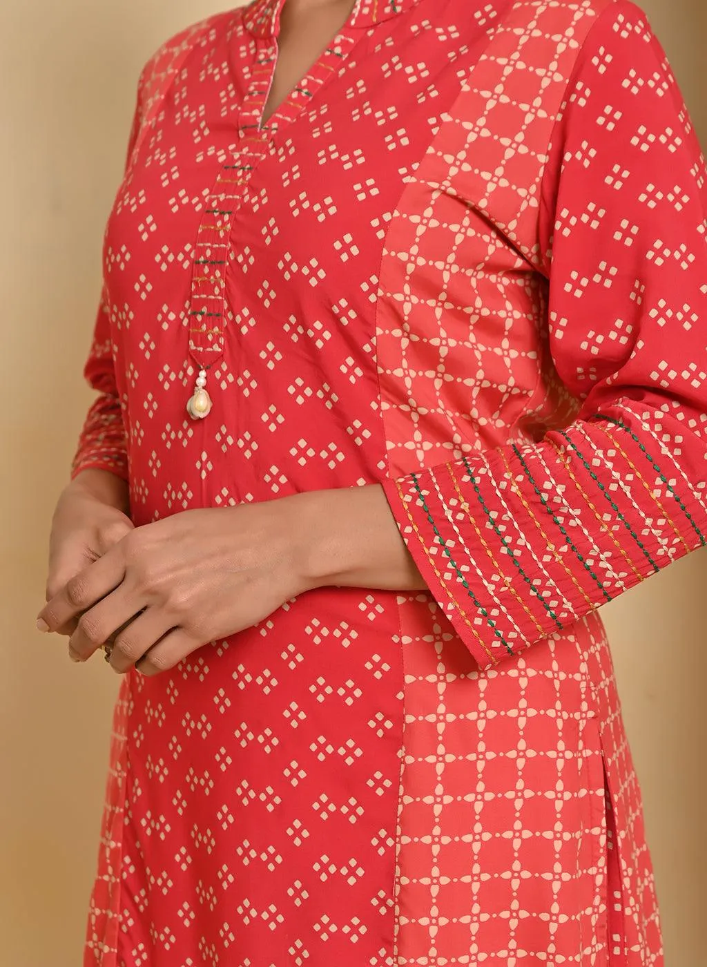Orange Printed Kurta with Threadwork and 3/4th Sleeves