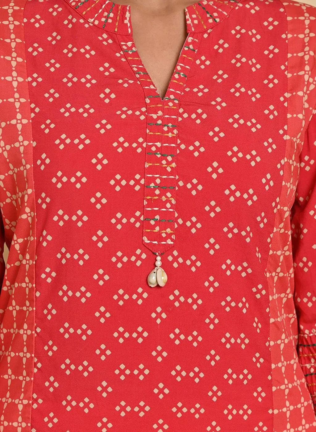 Orange Printed Kurta with Threadwork and 3/4th Sleeves