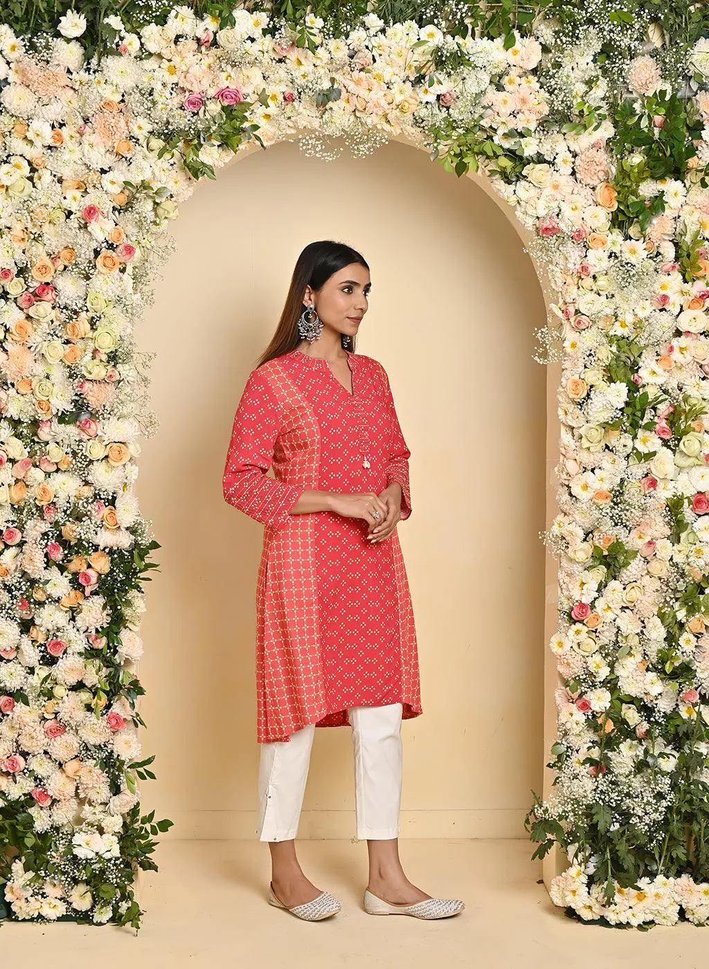Orange Printed Kurta with Threadwork and 3/4th Sleeves