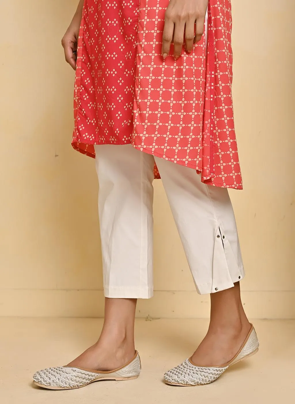 Orange Printed Kurta with Threadwork and 3/4th Sleeves