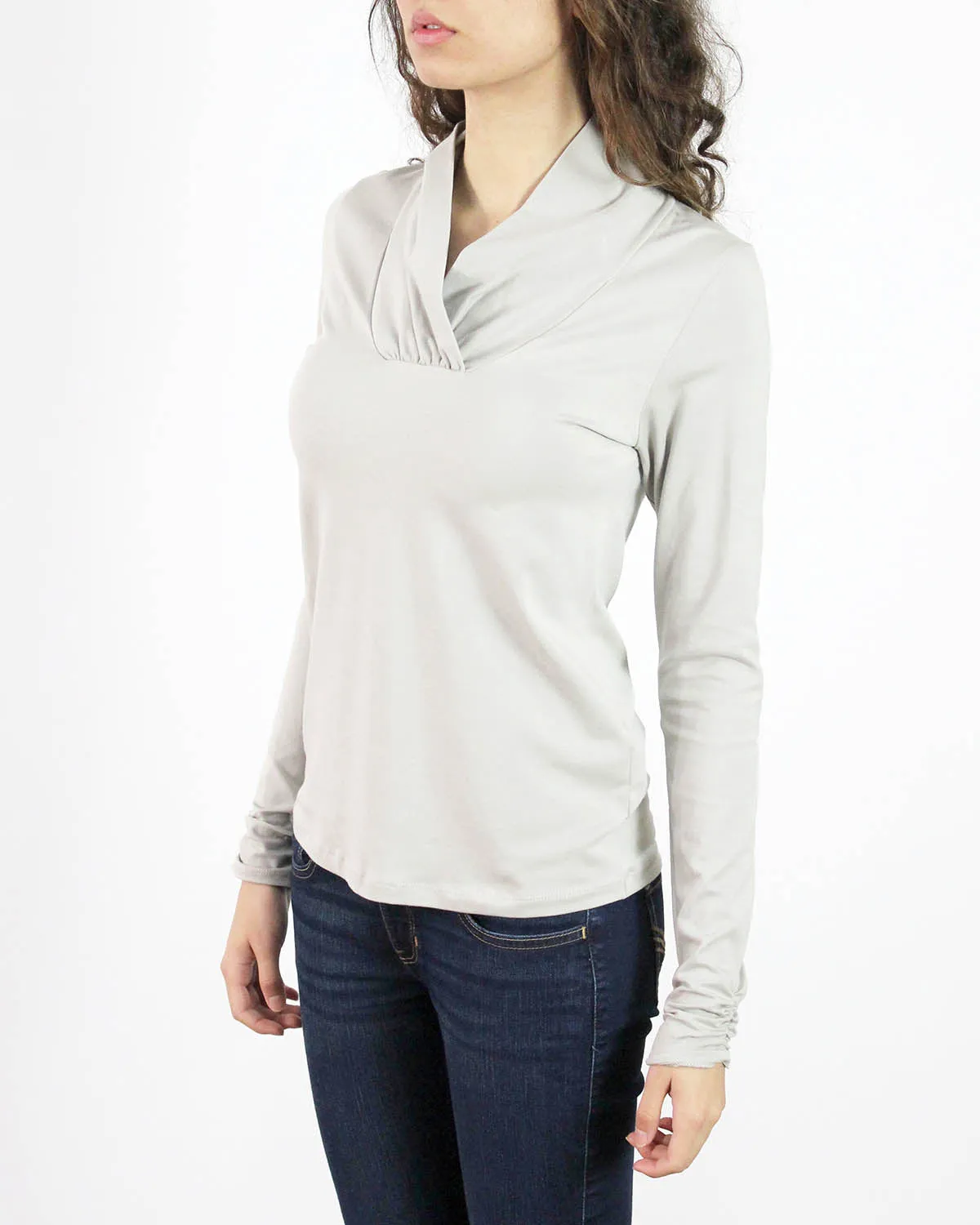 Pima Cotton Ruche Collar Long Sleeve Tee