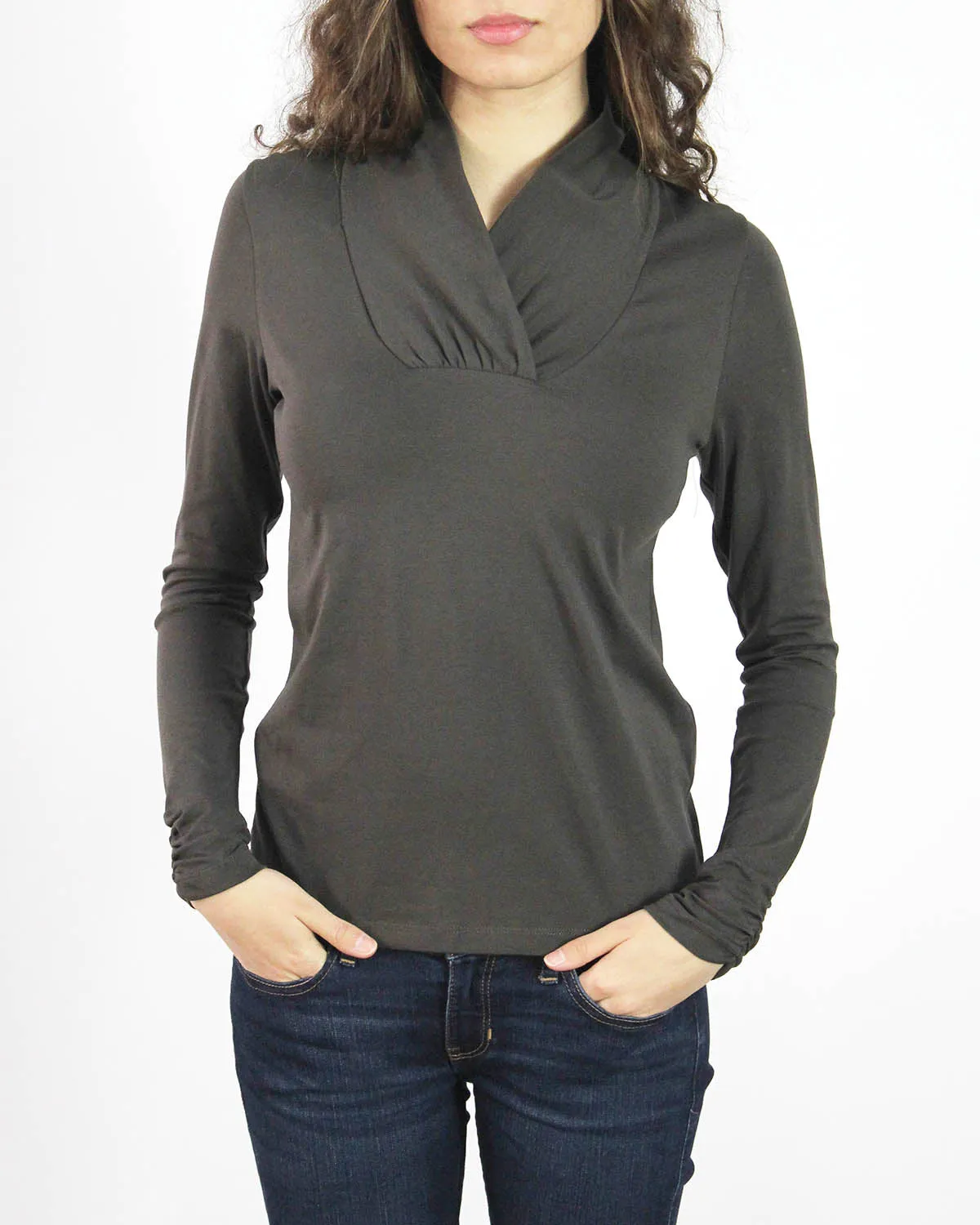 Pima Cotton Ruche Collar Long Sleeve Tee