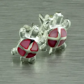 Pink Shell inlay Tiny Turtle Studs Earrings. 92.5% Sterling Silver