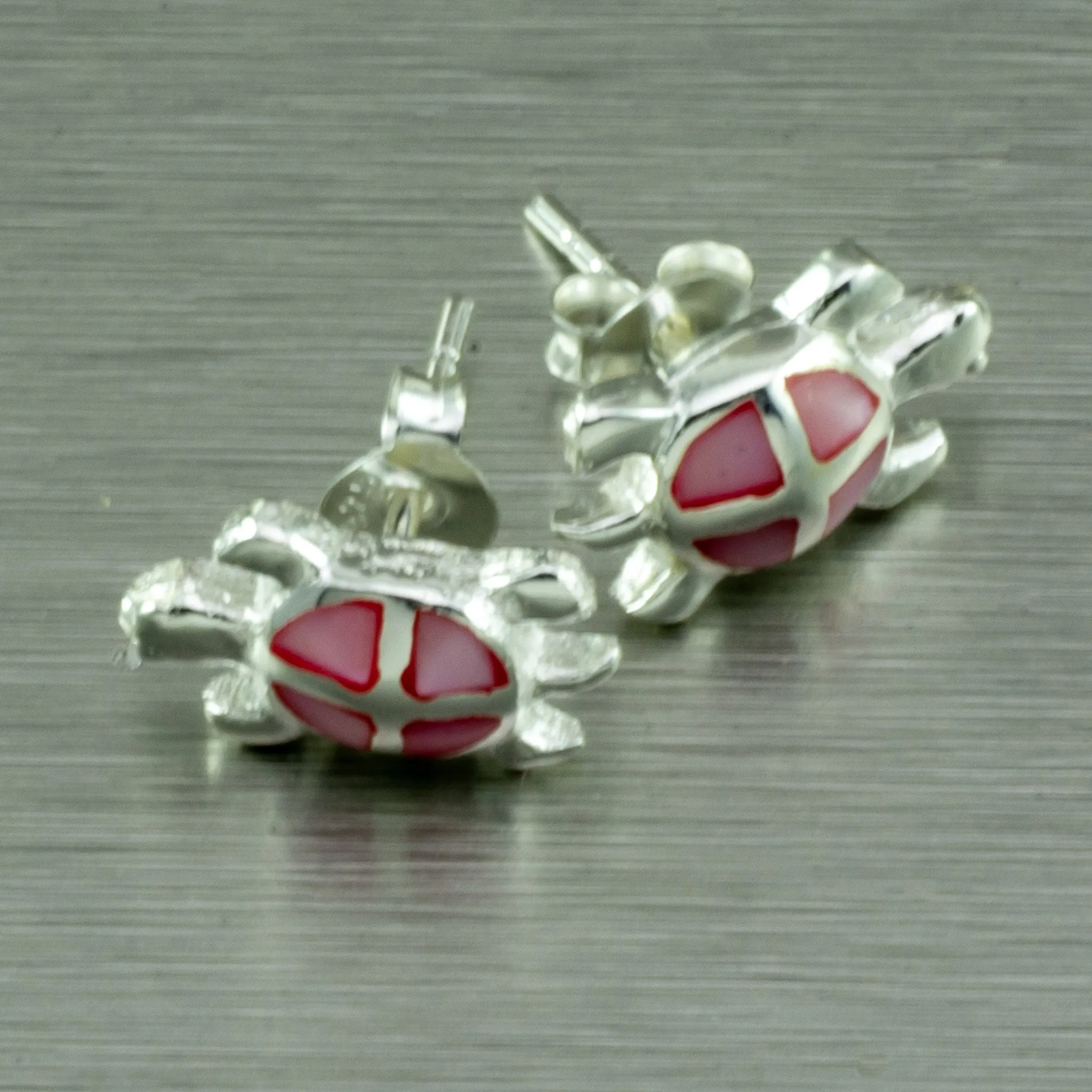 Pink Shell inlay Tiny Turtle Studs Earrings. 92.5% Sterling Silver