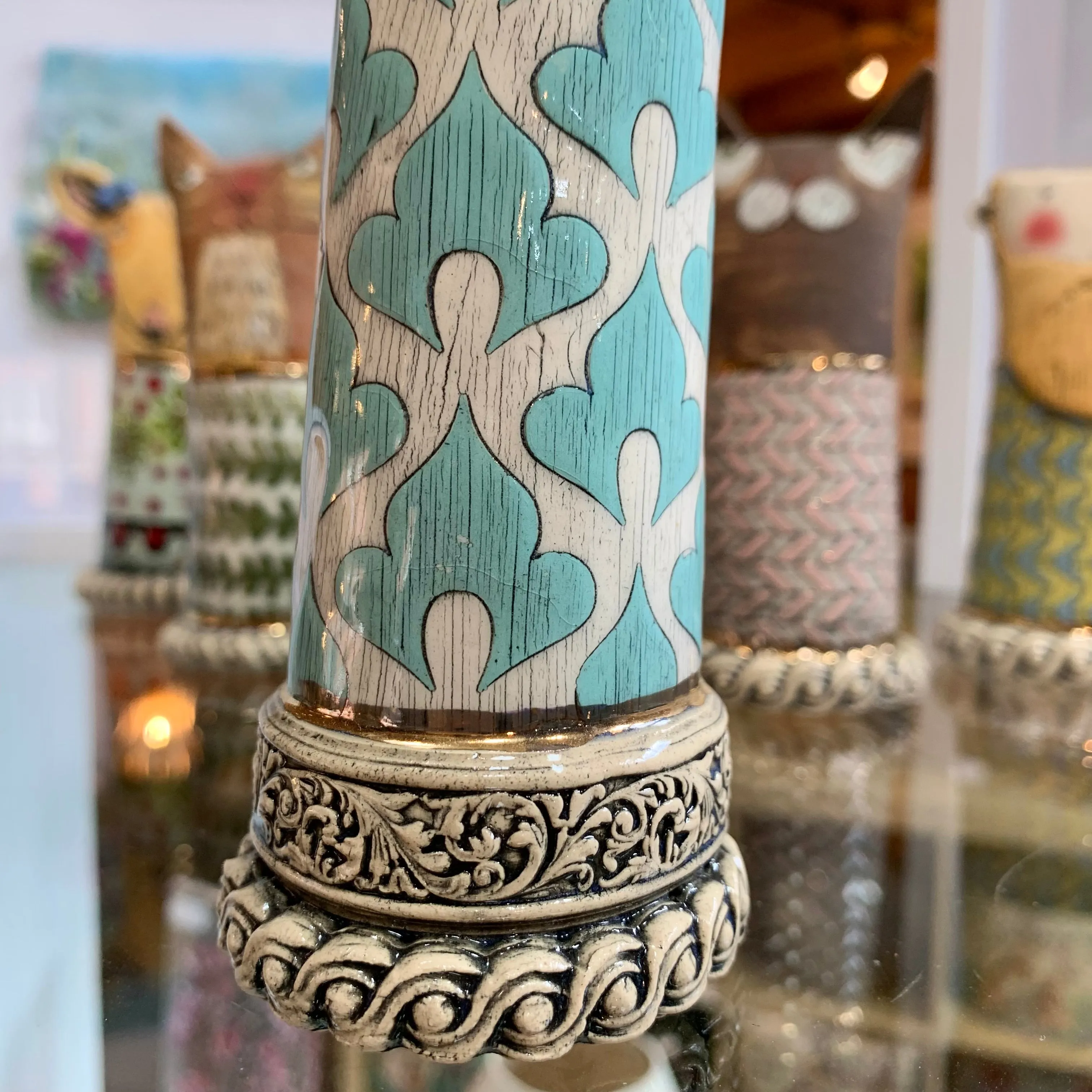 Handcrafted Light Blue Ceramic Candlestick by Sarah Saunders - Elegant Home Decor Accent