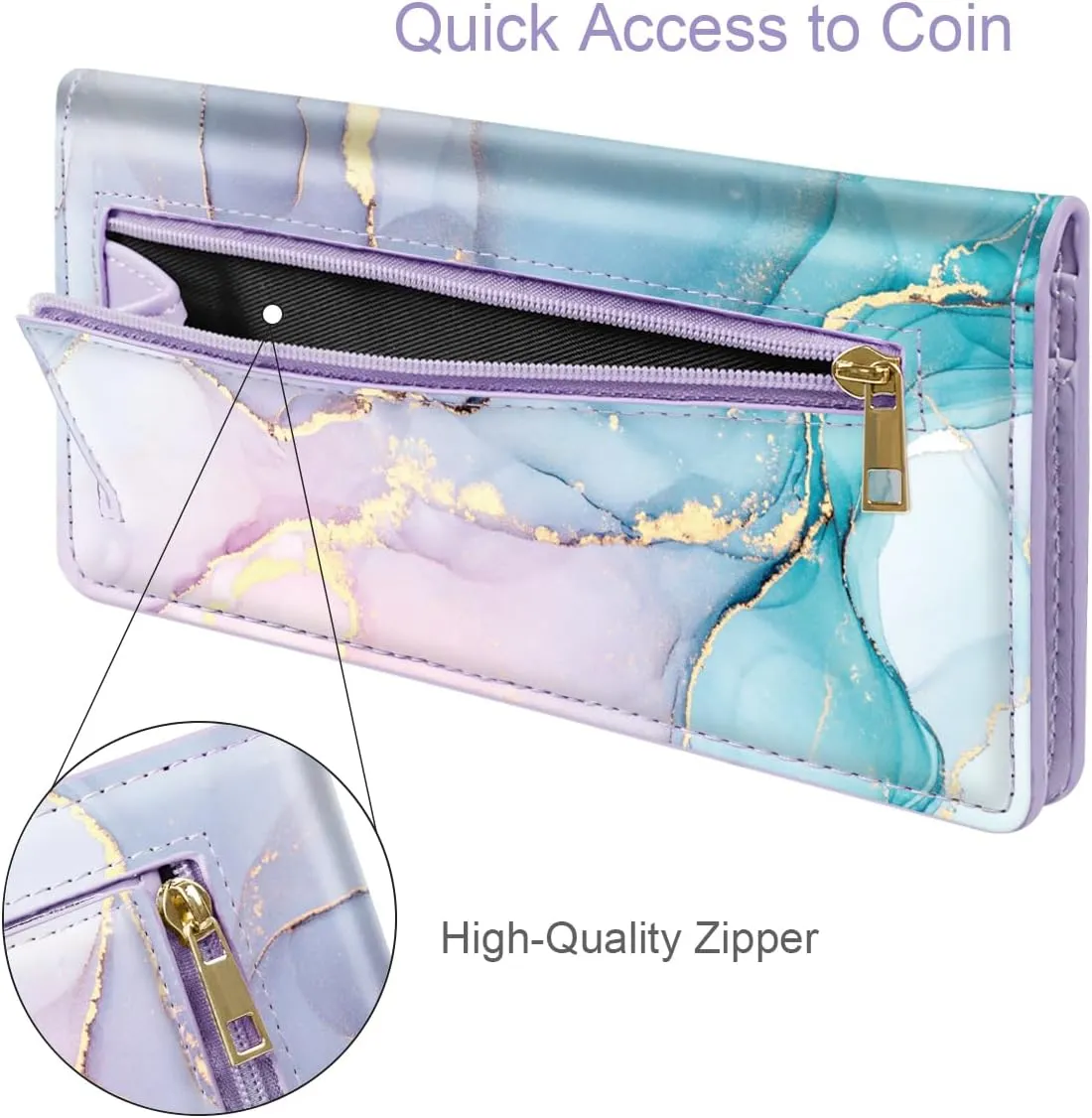 Ultra Slim Womens Wallet Minimalist Thin Long Leather Bifold Wallet RFID Blocking Card Holder Organizer with Zipper Coin Pocket Ladies Girls Gift Purse, Gradient Marble