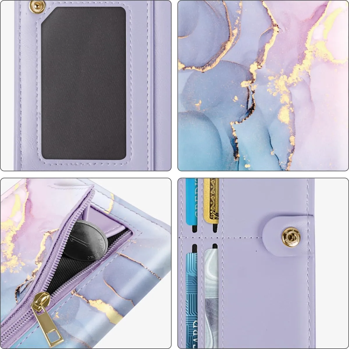 Ultra Slim Womens Wallet Minimalist Thin Long Leather Bifold Wallet RFID Blocking Card Holder Organizer with Zipper Coin Pocket Ladies Girls Gift Purse, Gradient Marble